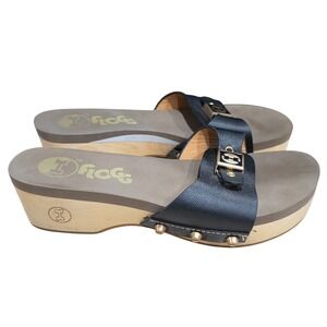 Flogg Malibu II Black Leather Wood Platform Slide Sandals Clogs women Size 7M